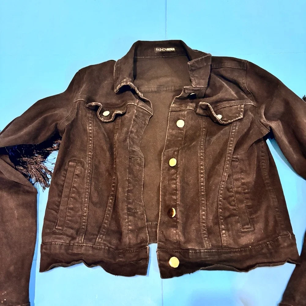 Fashion Nova Coastal Cowgirl Whimsigoth Black Fringe Jean Jacket